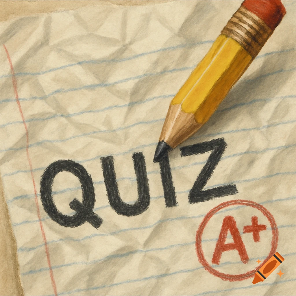 A yellow pencil writes 'QUIZ' on crumpled lined paper, with a red circled 'A+' grade.