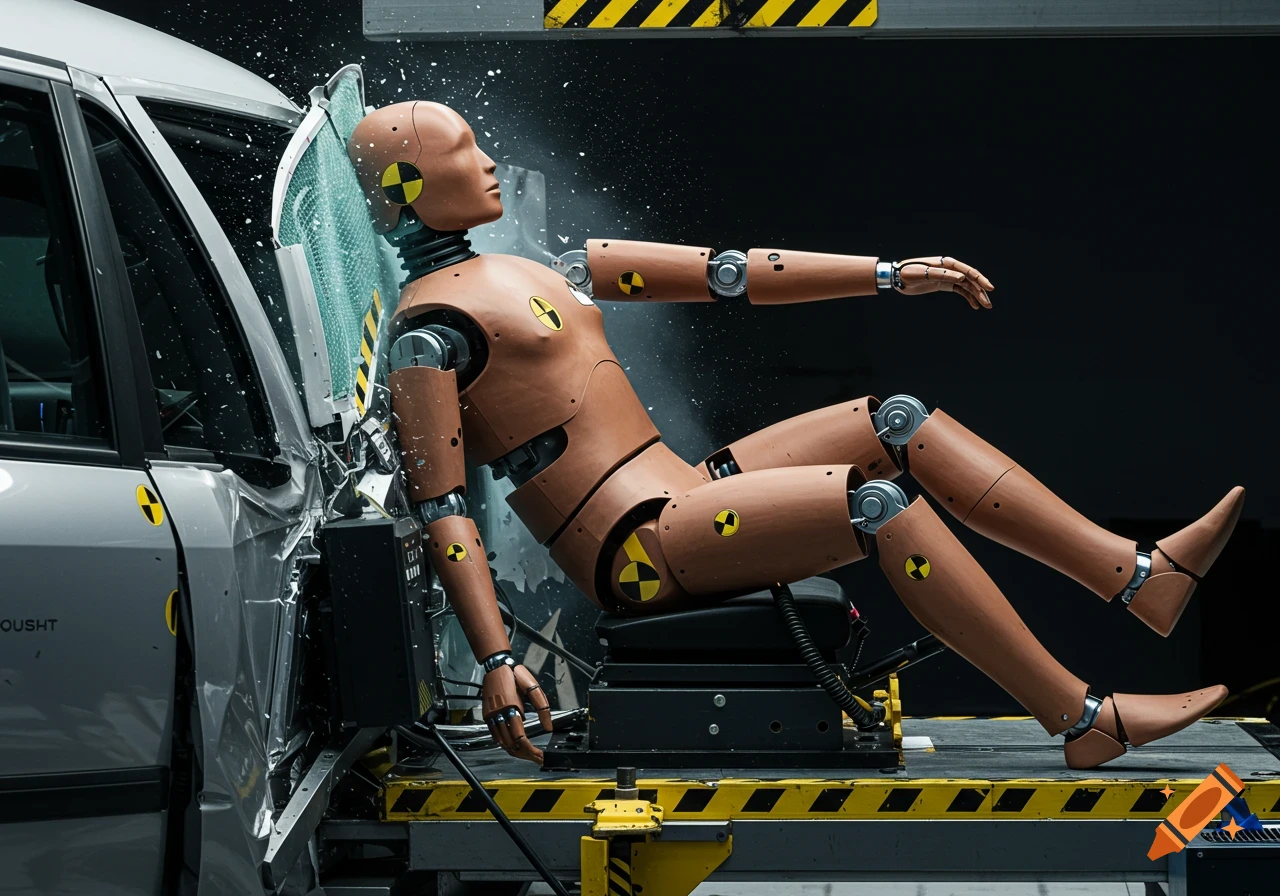 Photorealistic image of a crash test dummy inside a car during a simulated vehicle impact.