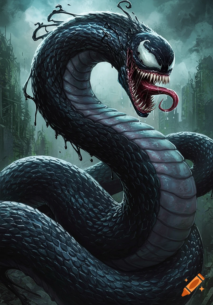 A black snake-like creature with a Venom face rises from a destroyed city.