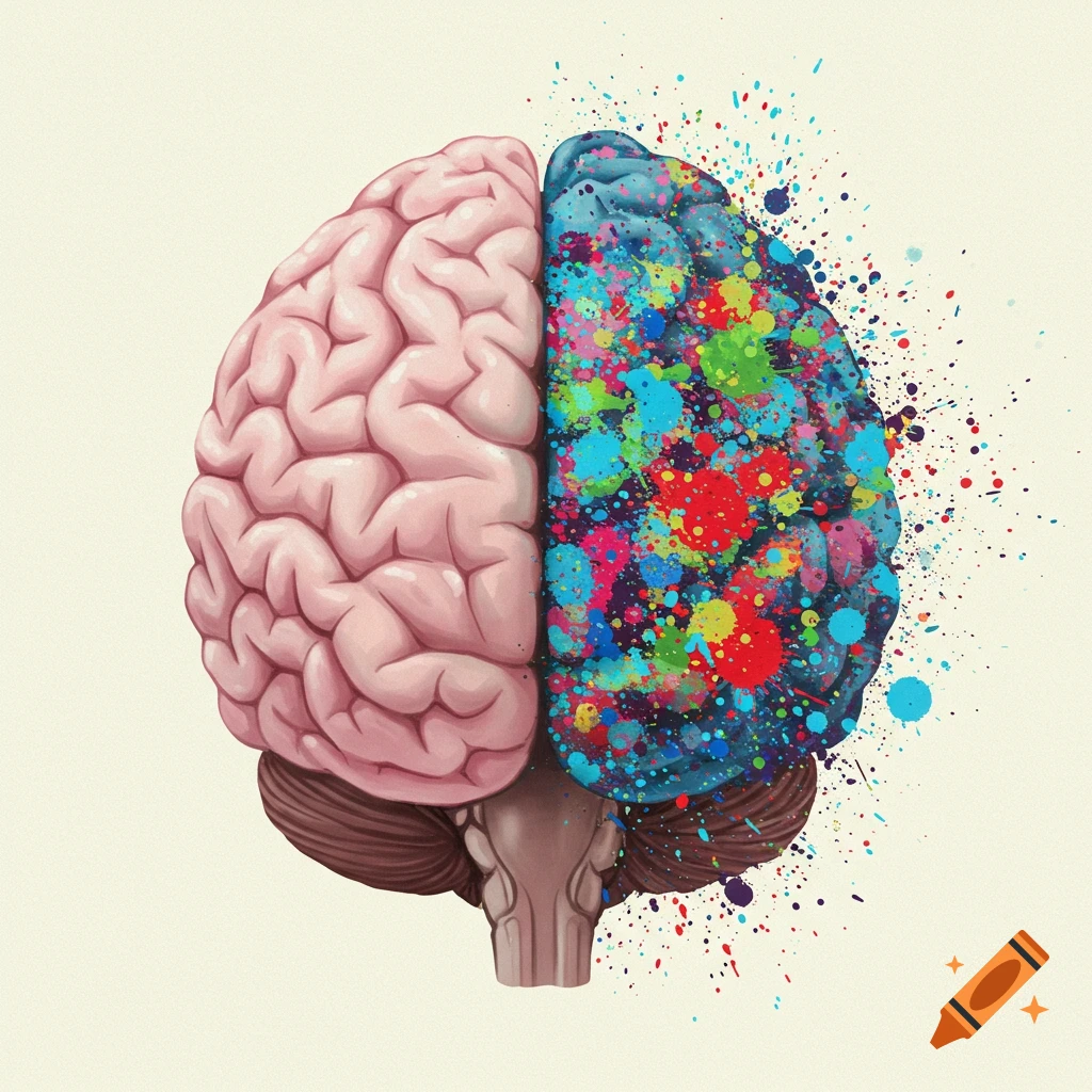 Illustration of a human brain with the left hemisphere pink and realistic, and the right hemisphere blue with colorful paint splatters.