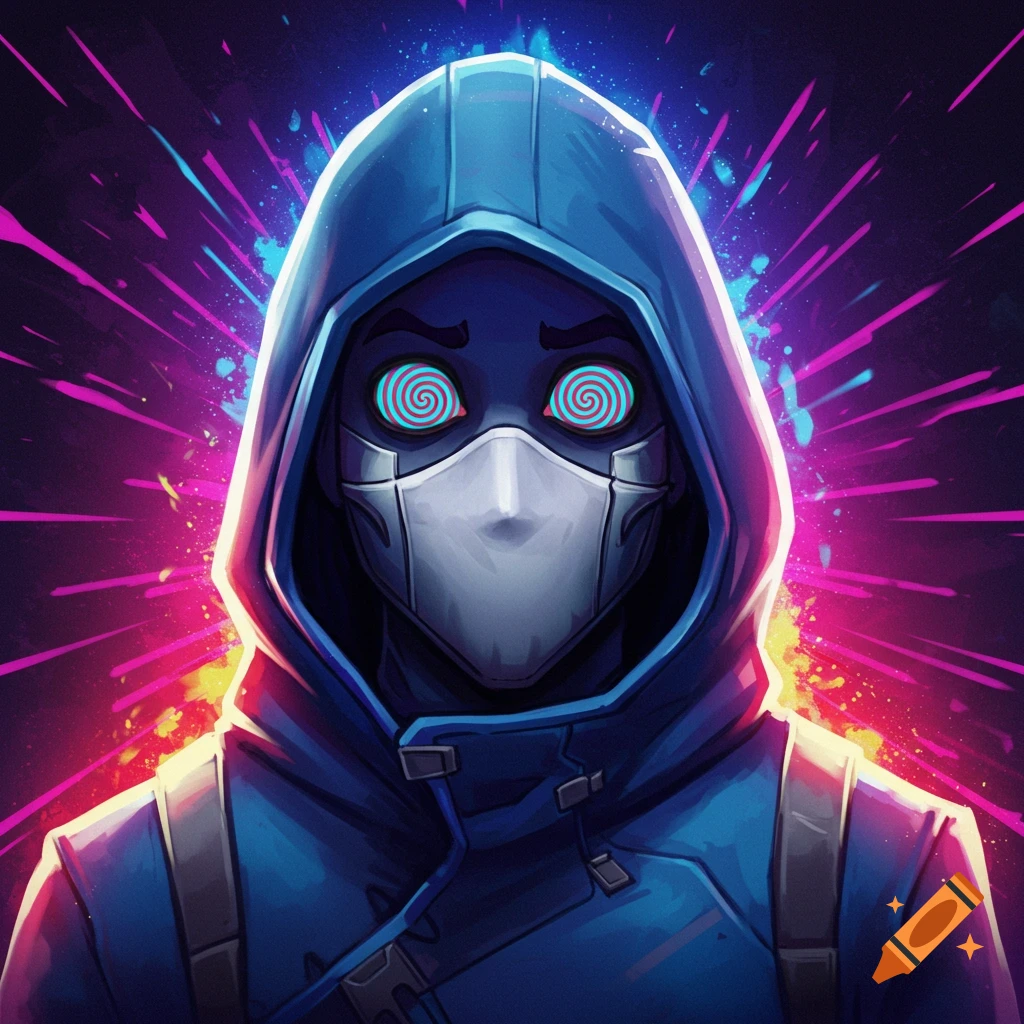 A character in a blue hoodie and white face mask with swirling hypnotic eyes against a vibrant neon background in a digital art style.