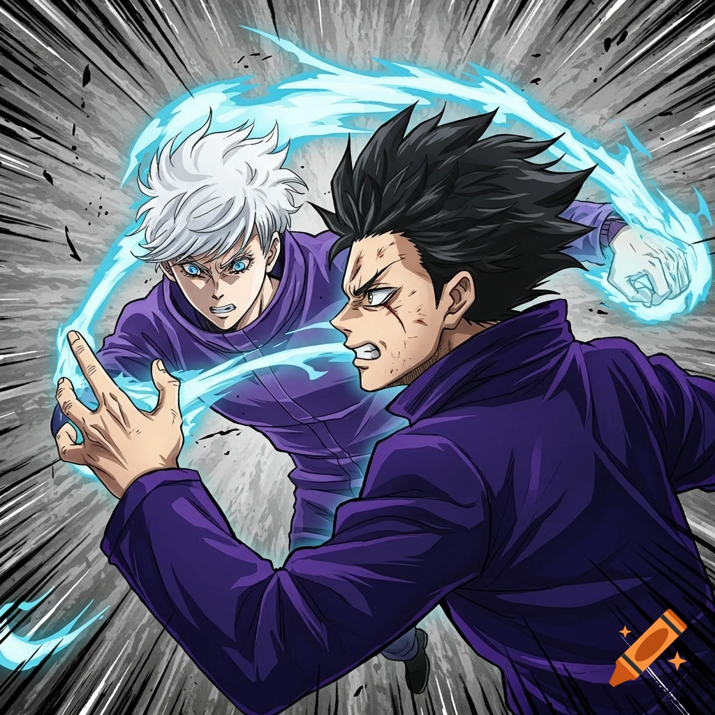 Two anime characters, one with white hair and the other with black, in purple clothes, fighting with blue energy effects.