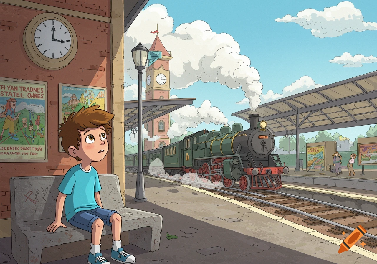 Cartoon boy sits on a bench at a train station watching a train pull in.