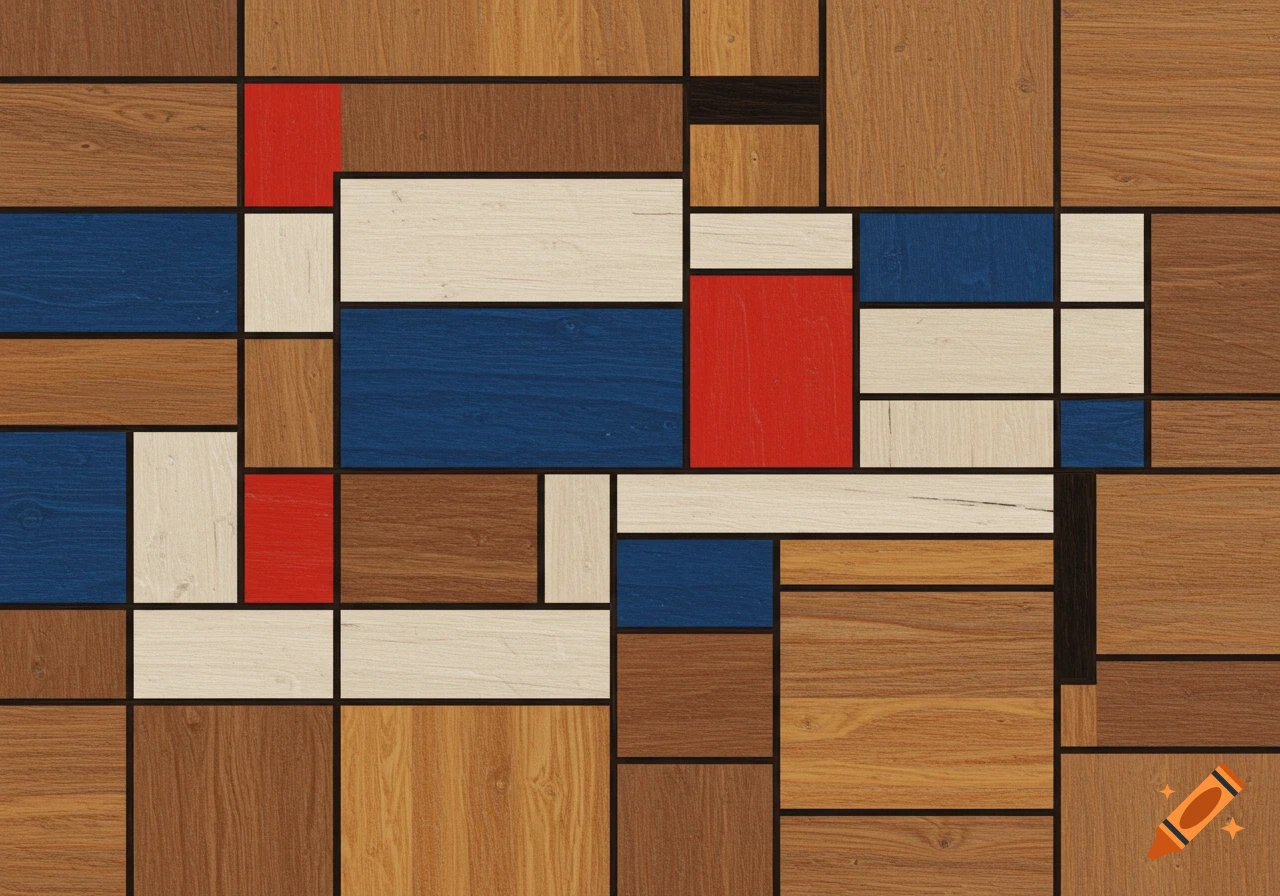 A geometric pattern resembling Piet Mondrian's style, composed of various rectangular wood panels in shades of brown, cream, blue, and red.