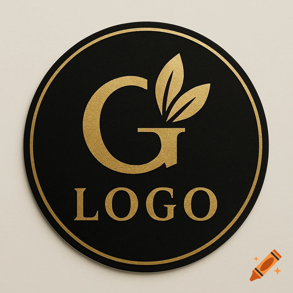 A black circular logo with a gold 'G' and three gold leaves above the word 'LOGO' in gold text.