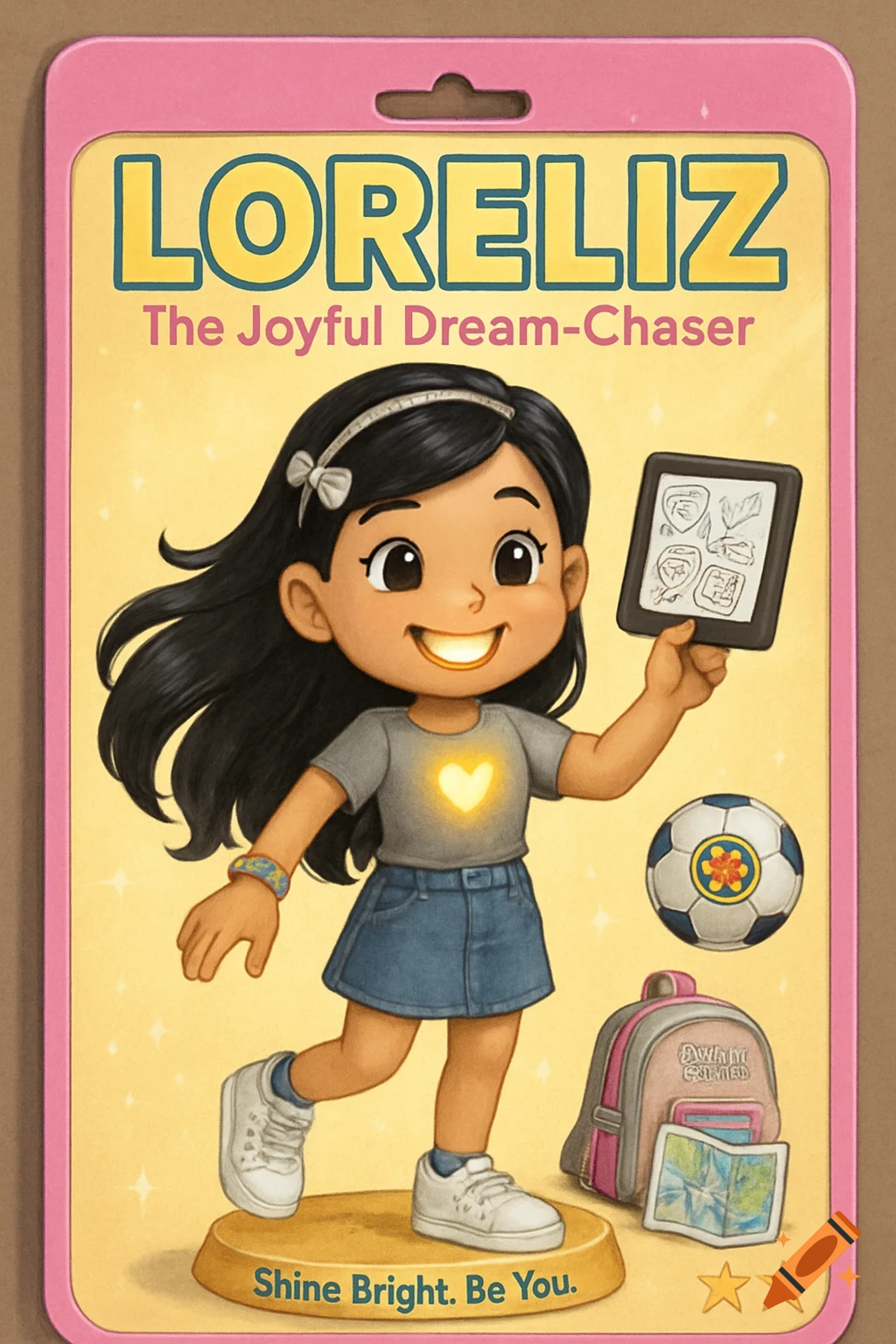 Cartoon action figure of a girl in package holding a tablet, with a backpack and soccer ball