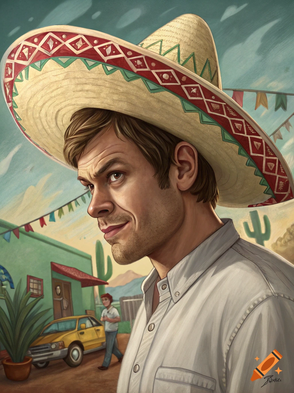 An illustration of a man resembling Angel Batista from Dexter, wearing a large sombrero in a stylized Mexican village setting.
