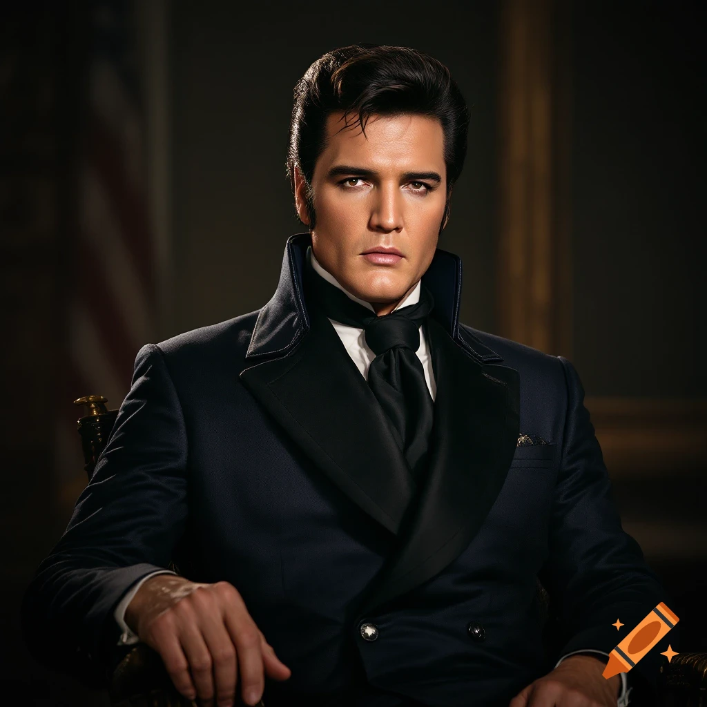 Photorealistic portrait of Elvis Presley in a dark formal suit