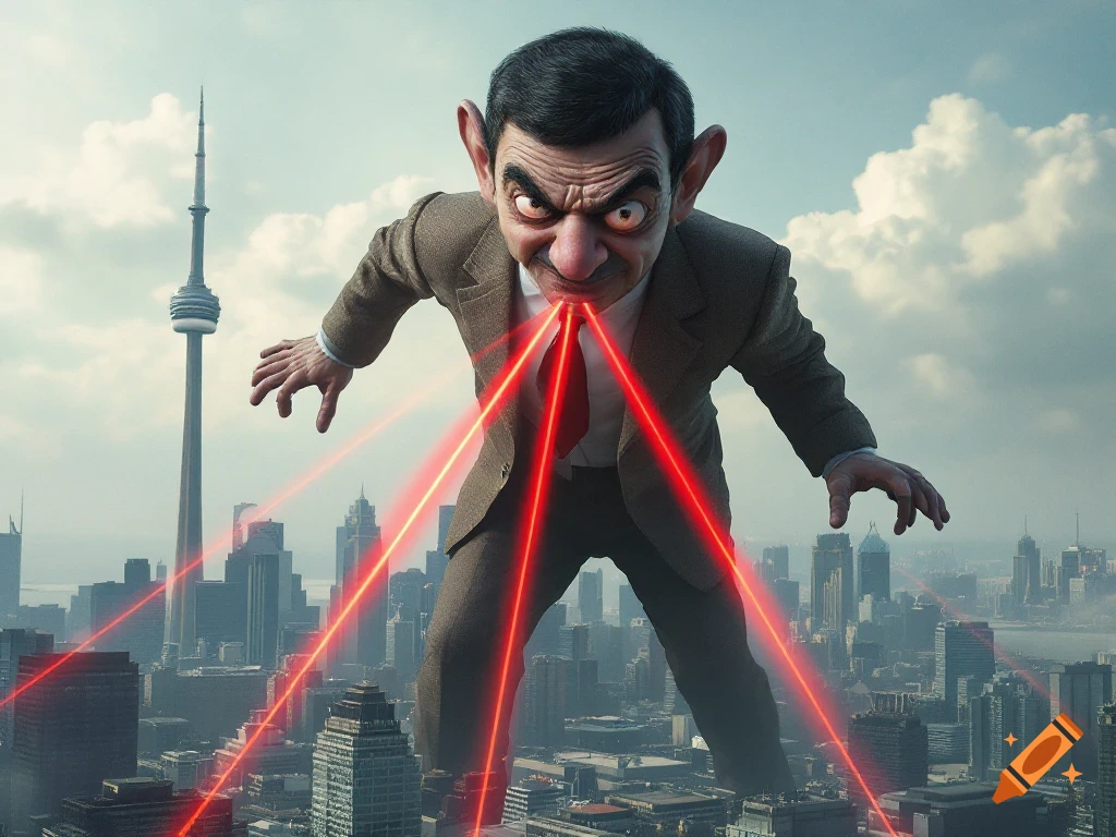 Photorealistic image of a giant Mr. Bean firing red laser beams from his eyes over the city of Toronto with the CN Tower visible.