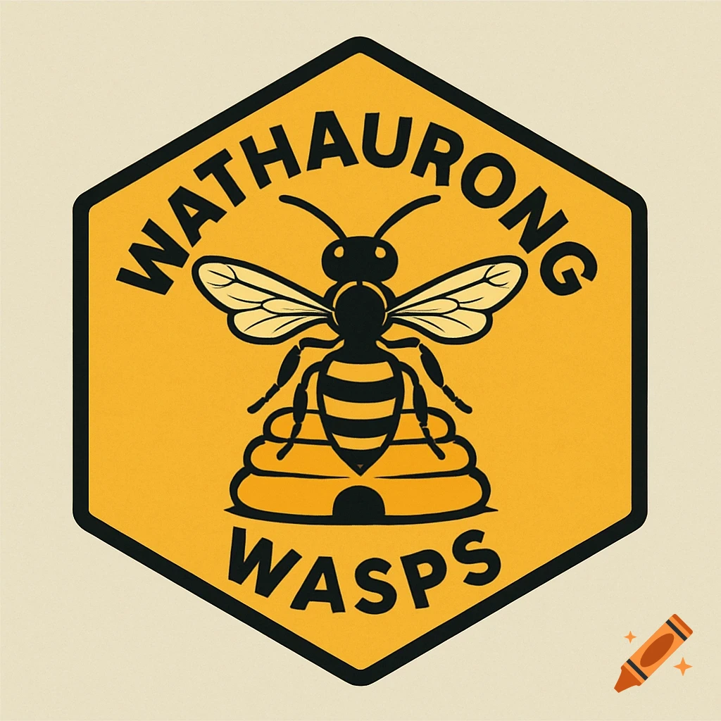 Hexagonal logo featuring a black wasp above a hive shape, with 'WATHAURONG WASPS' text on a yellow background.
