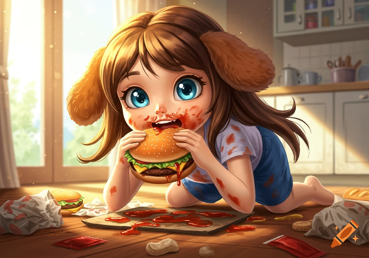 A messy, stylized image of a girl with dog ears covered in sauce eating a burger on the kitchen floor.