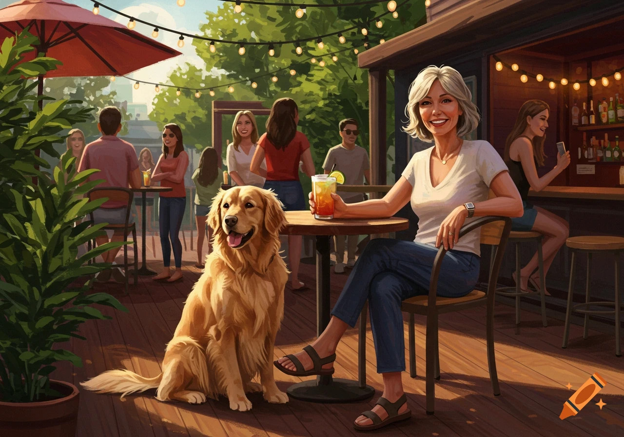 A golden retriever sits by a woman holding a drink at an outdoor patio bar with string lights and other people.