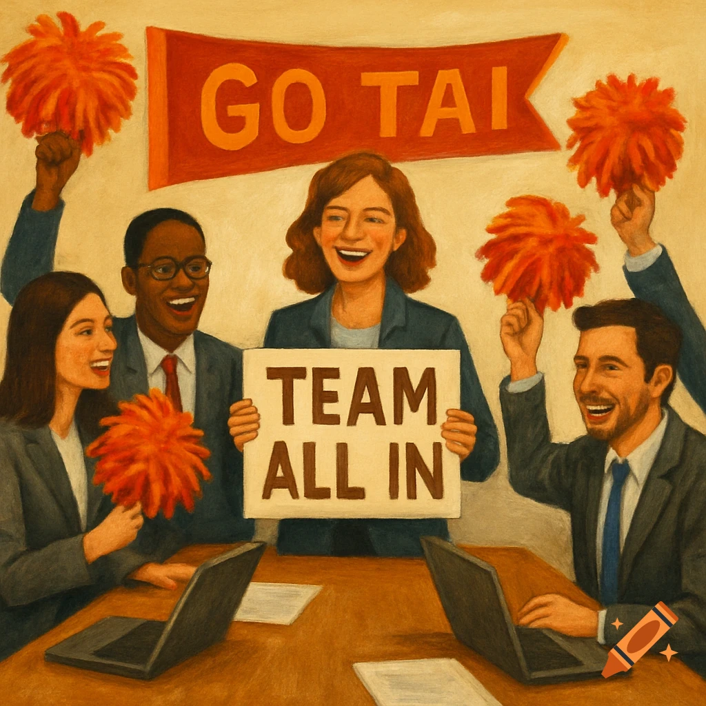 A diverse business team celebrates in a meeting room, holding red and orange pom-poms and signs that say "TEAM ALL IN" and "GO TAI", in an illustration style.