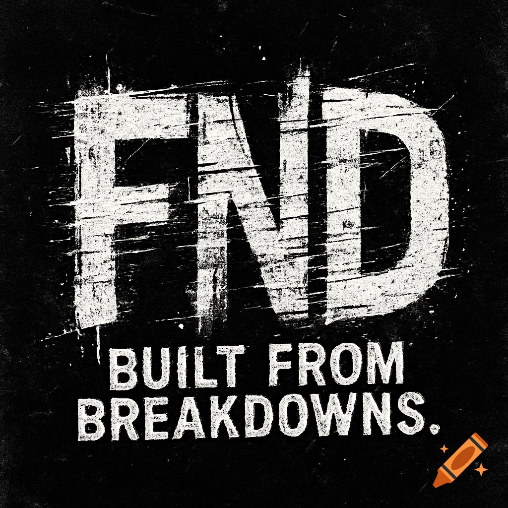 Black and white grunge logo featuring 'FND' above 'BUILT FROM BREAKDOWNS.' in a distressed, stencil-like font.