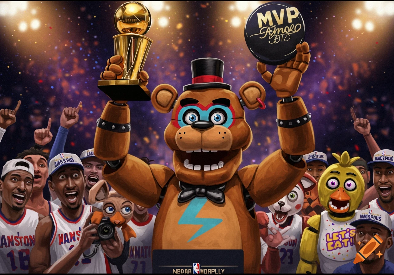 Freddy Fazbear celebrates winning a basketball MVP award with teammates and friends.