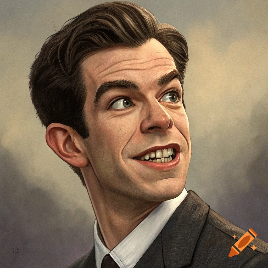 Caricature portrait of comedian John Mulaney with an exaggerated jaw, smiling and looking up, wearing a suit.