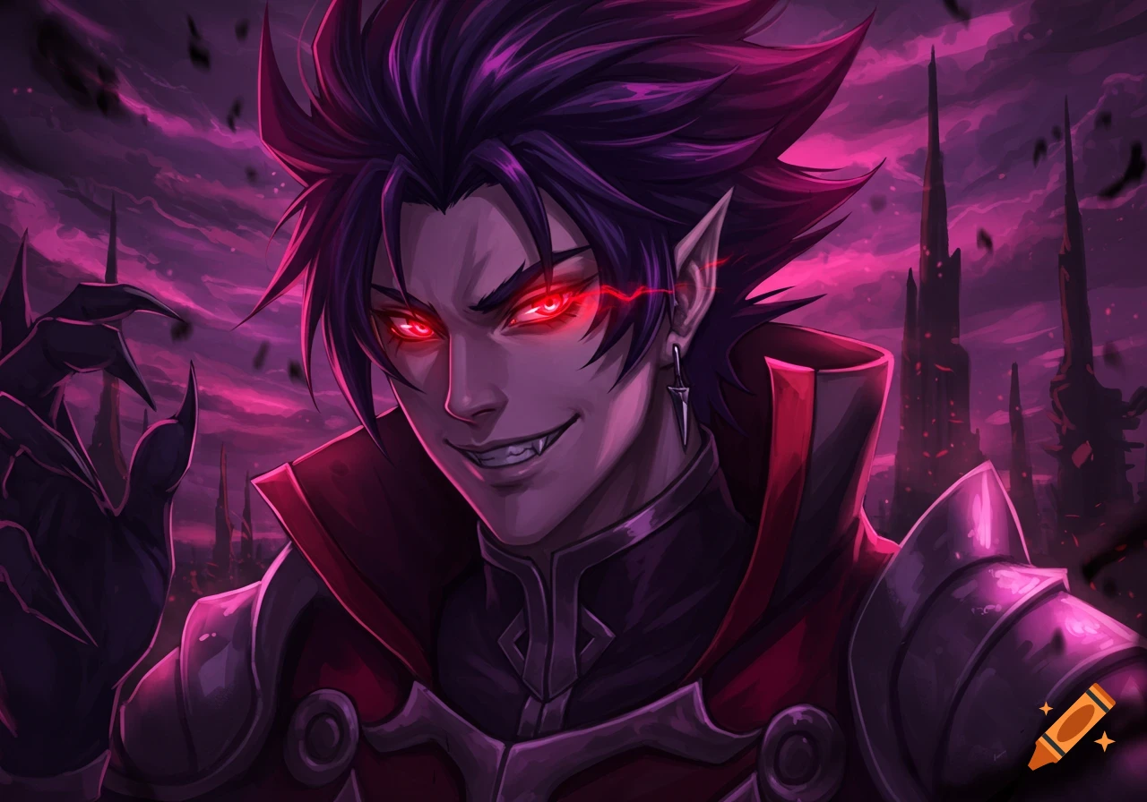 Anime male character with spiky purple hair, glowing red eyes, and fangs, smirking in dark armor against a purple, stormy gothic background.