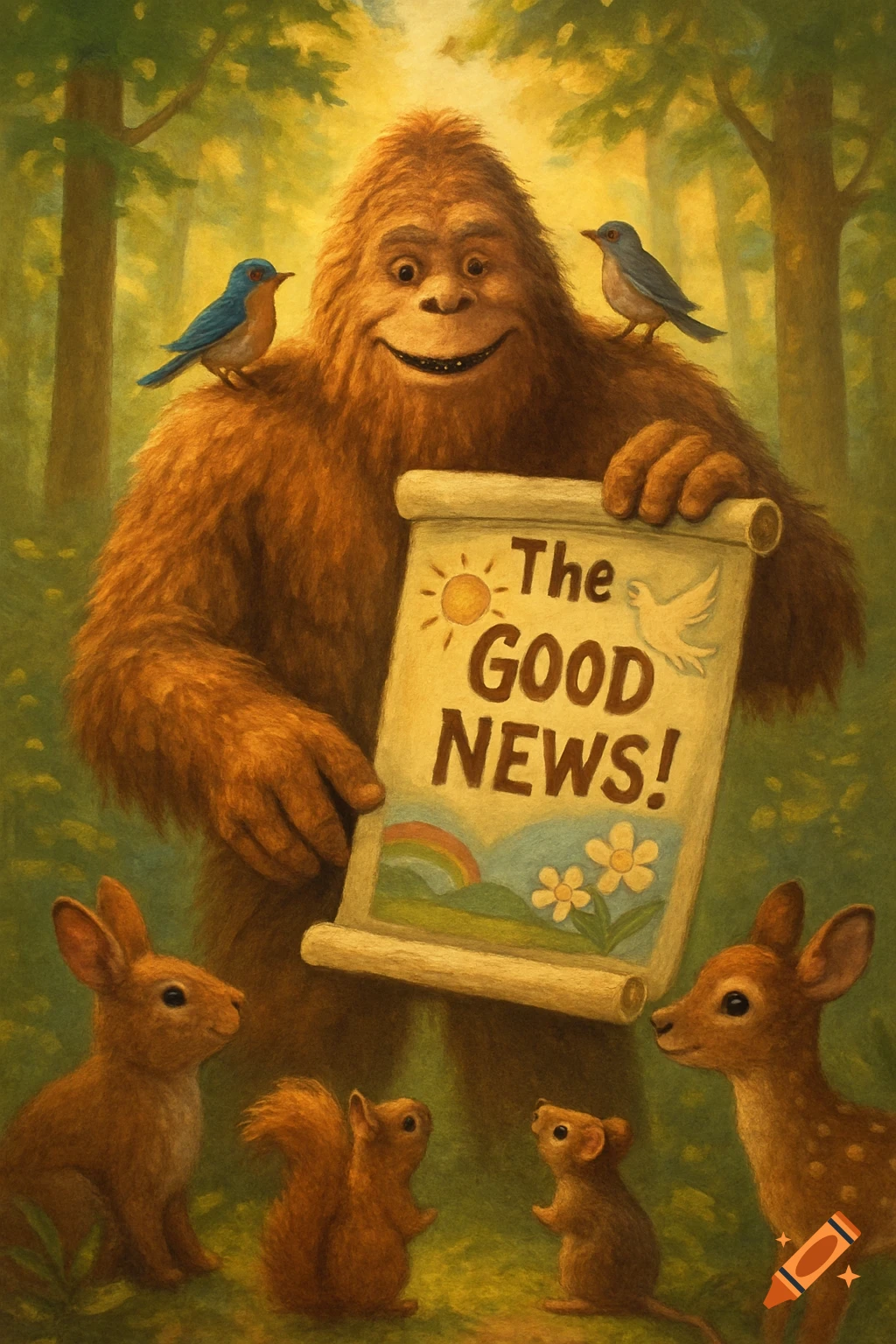 Friendly Bigfoot holding a scroll that says 'The Good News!' surrounded by forest animals in a warm illustration.