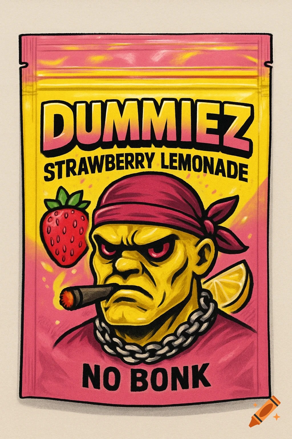 Illustrated product label featuring a tough-looking character with a cigar, strawberry, and lemon slice. Text reads "DUMMIEZ STRAWBERRY LEMONADE NO BONK".