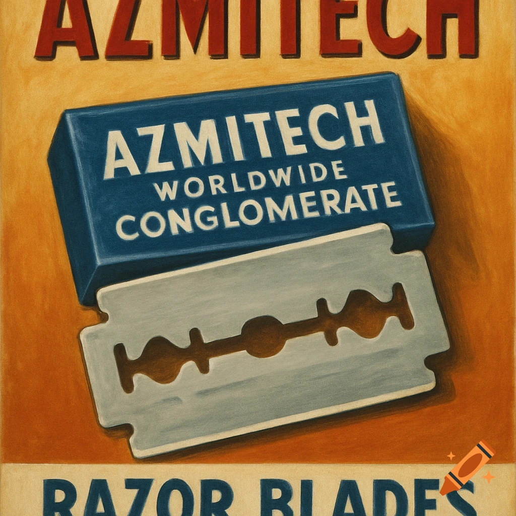 Vintage advertisement for Azmitech Worldwide Conglomerate razor blades, showing the box and a blade.