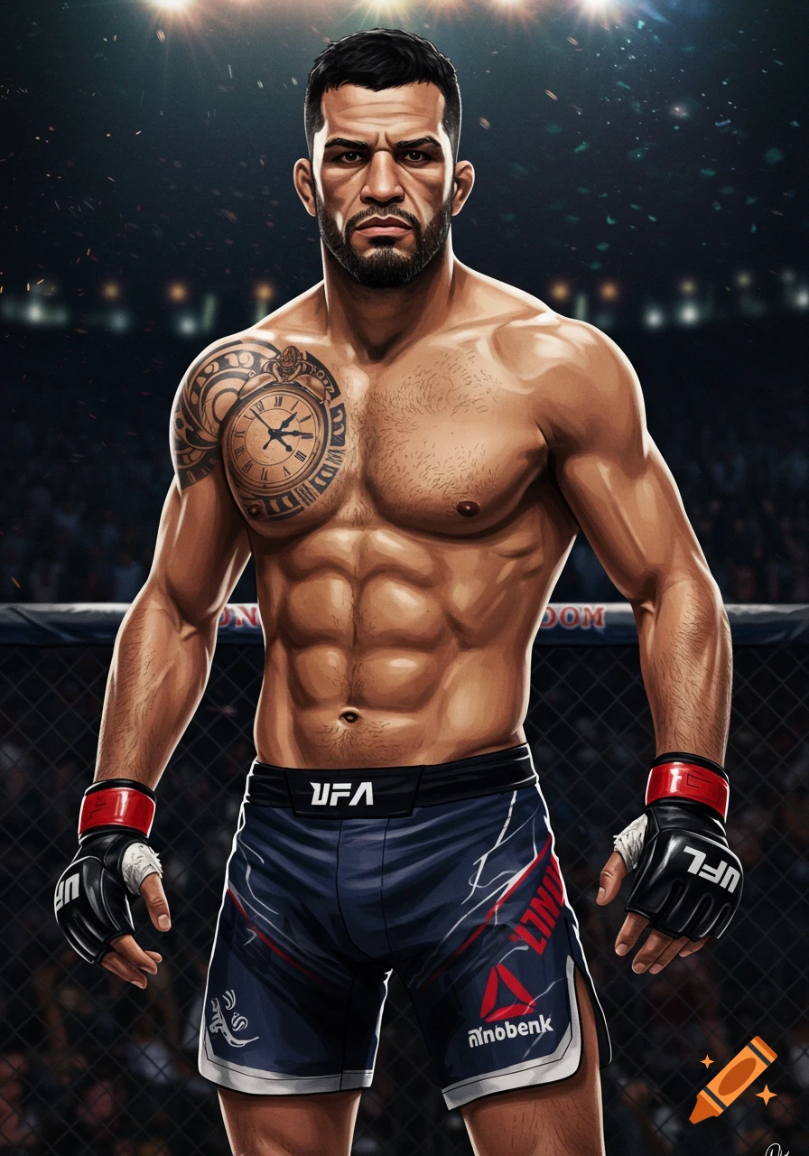 An illustration of a muscular MMA fighter with a clock tattoo on his chest, standing in a brightly lit fighting ring.