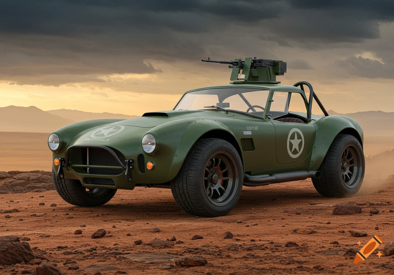 Green military AC Cobra off-road vehicle with a mounted machine gun on a rocky desert under a cloudy sunset.