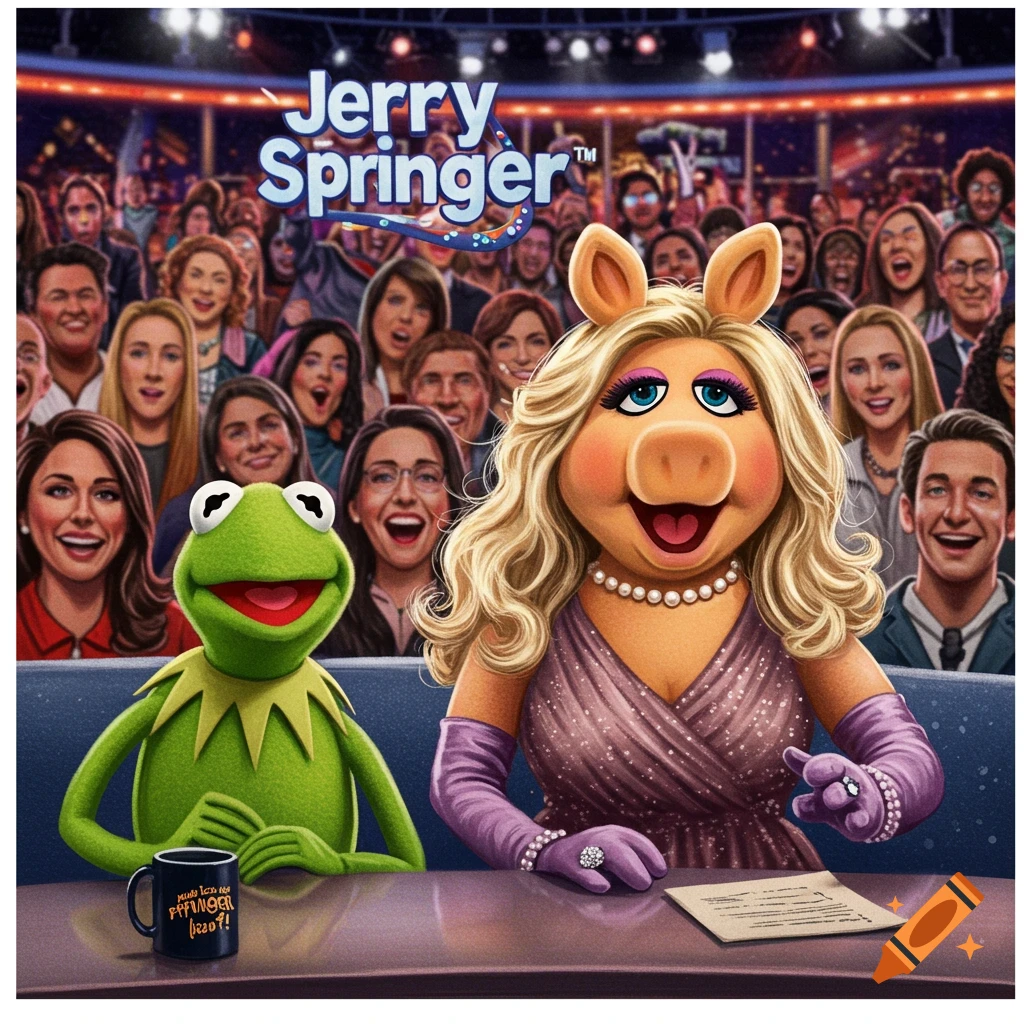 Kermit the Frog and Miss Piggy sit at a desk on the set of the Jerry Springer show in a cartoon style.