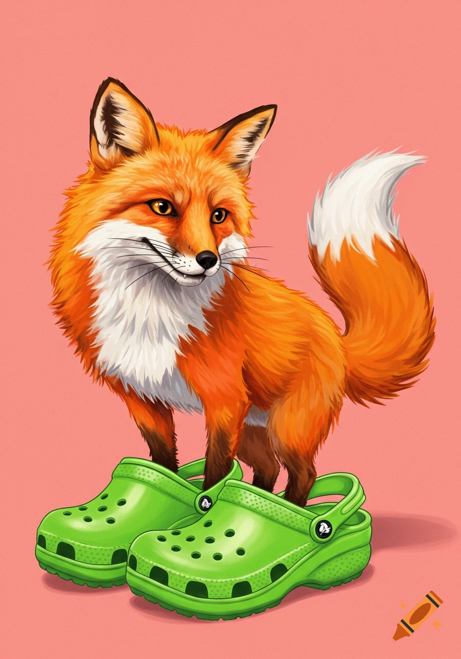 An illustrated fox wearing oversized green Crocs.