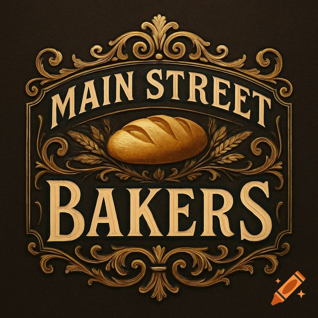 An ornate, carved sign for Main Street Bakers featuring a golden loaf of bread and decorative scrollwork on a dark background.