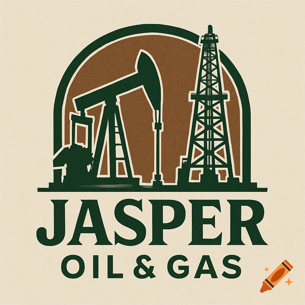 Logo for Jasper Oil & Gas with pumpjack and oil rig in green and brown.