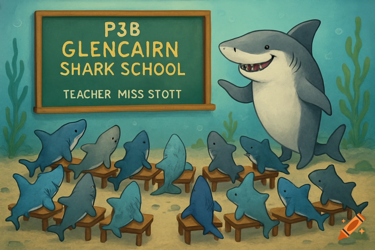 Cartoon shark teacher standing in an underwater classroom with a chalkboard and many student sharks at desks.