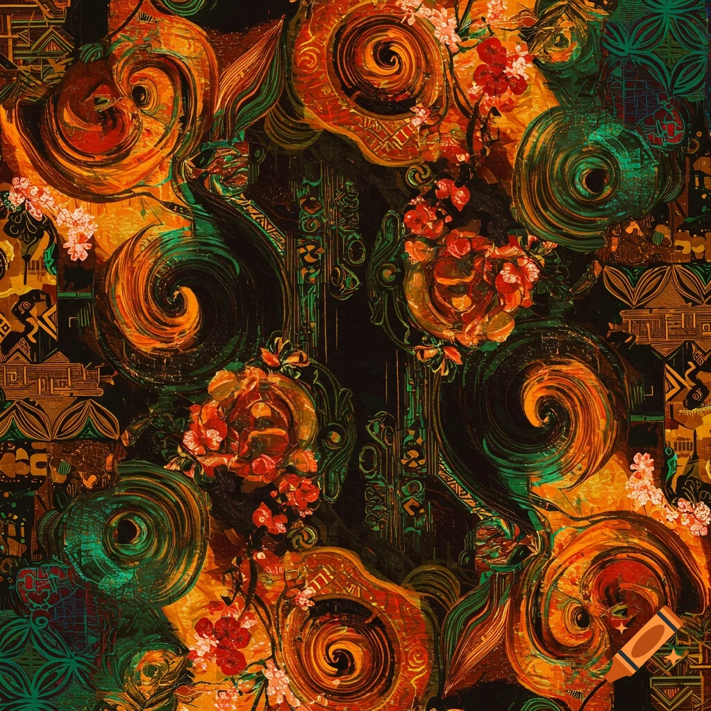 Abstract pattern with swirling orange, red, and green shapes, geometric motifs, and small floral elements on a dark background.