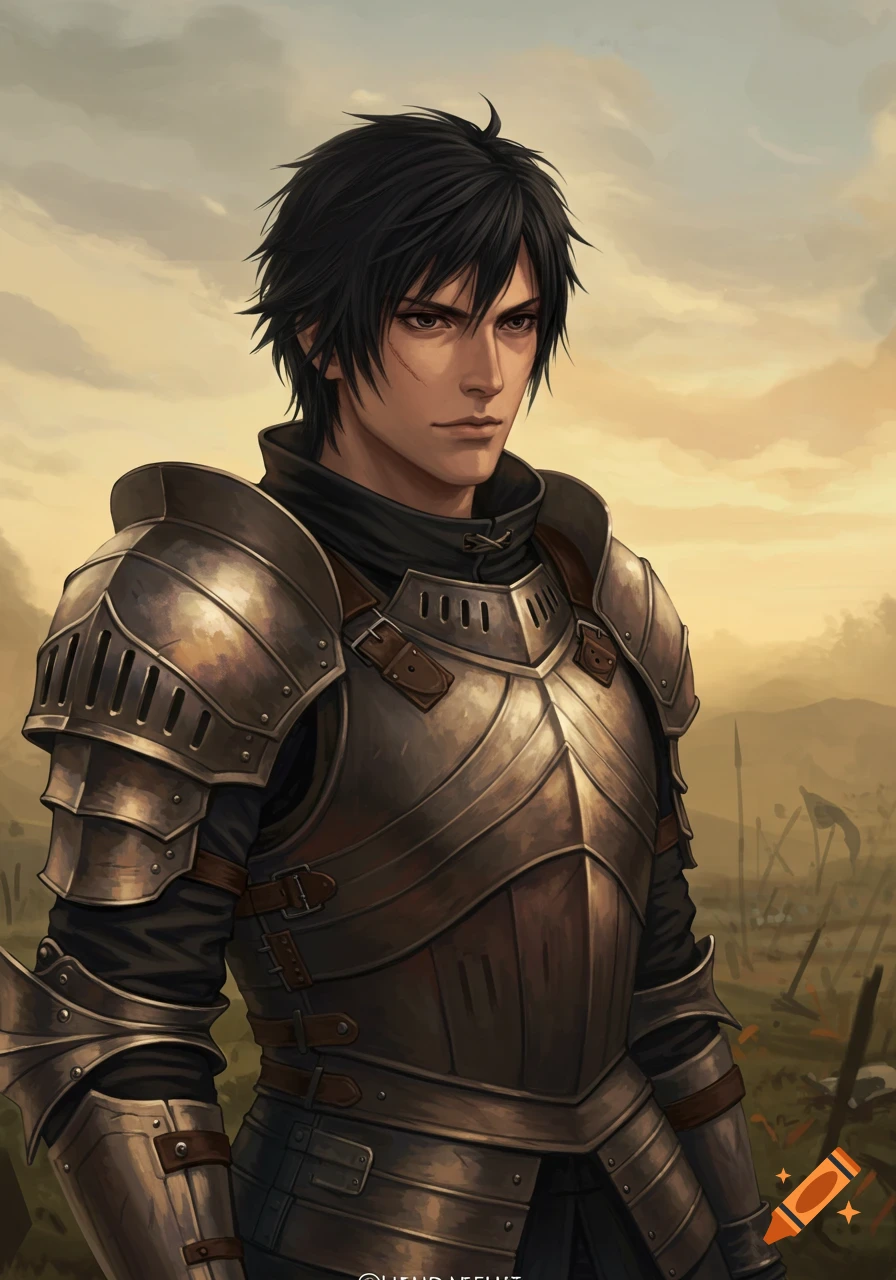 A young knight with black hair and a scar on his left cheek, wearing silver and brown armor, stands in a field under a cloudy sky.
