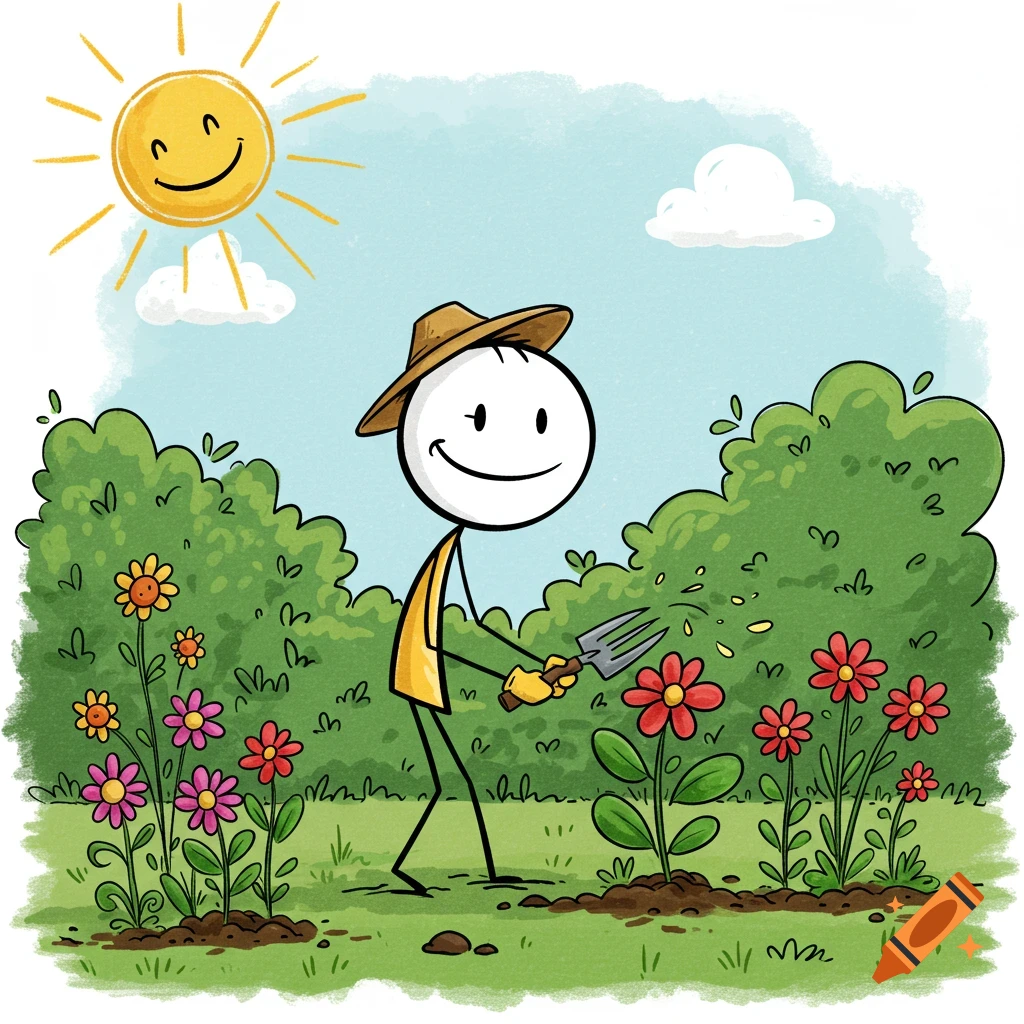 Cartoon stick figure gardening in a sunny garden.
