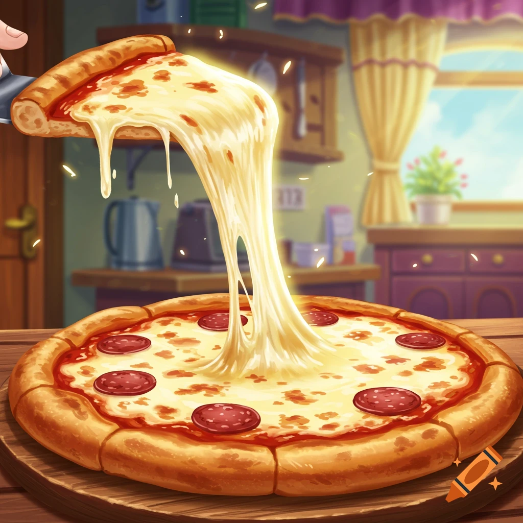 A slice of cheesy pepperoni pizza being lifted from a whole pizza, stretching the hot cheese, in an anime kitchen.