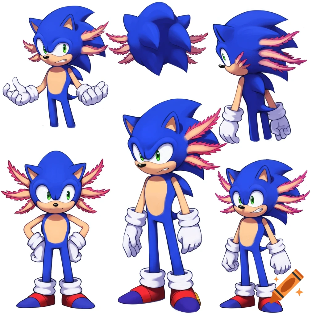 Expression sheet of Sonic as an axolotl in multiple full-body views on a white background
