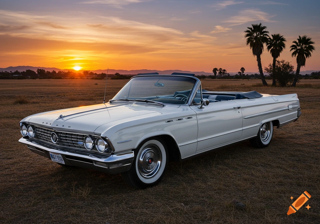 White 1961 Buick Electra convertible in a field at sunset with palm trees.