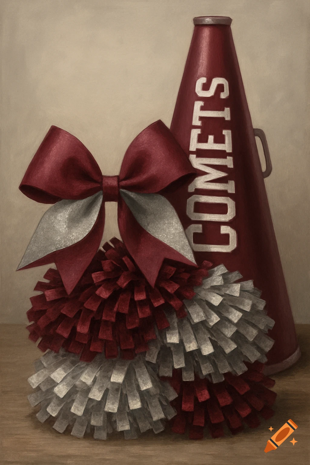A still life painting of a red megaphone with 'COMETS', maroon and silver cheer pompoms, and a large bow.