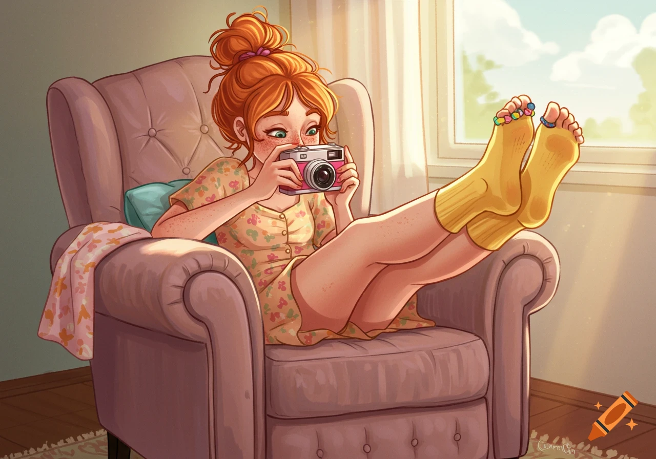 An illustrated redhead girl in a floral dress sits in an armchair with her feet up, taking a photo with a camera by a sunlit window.