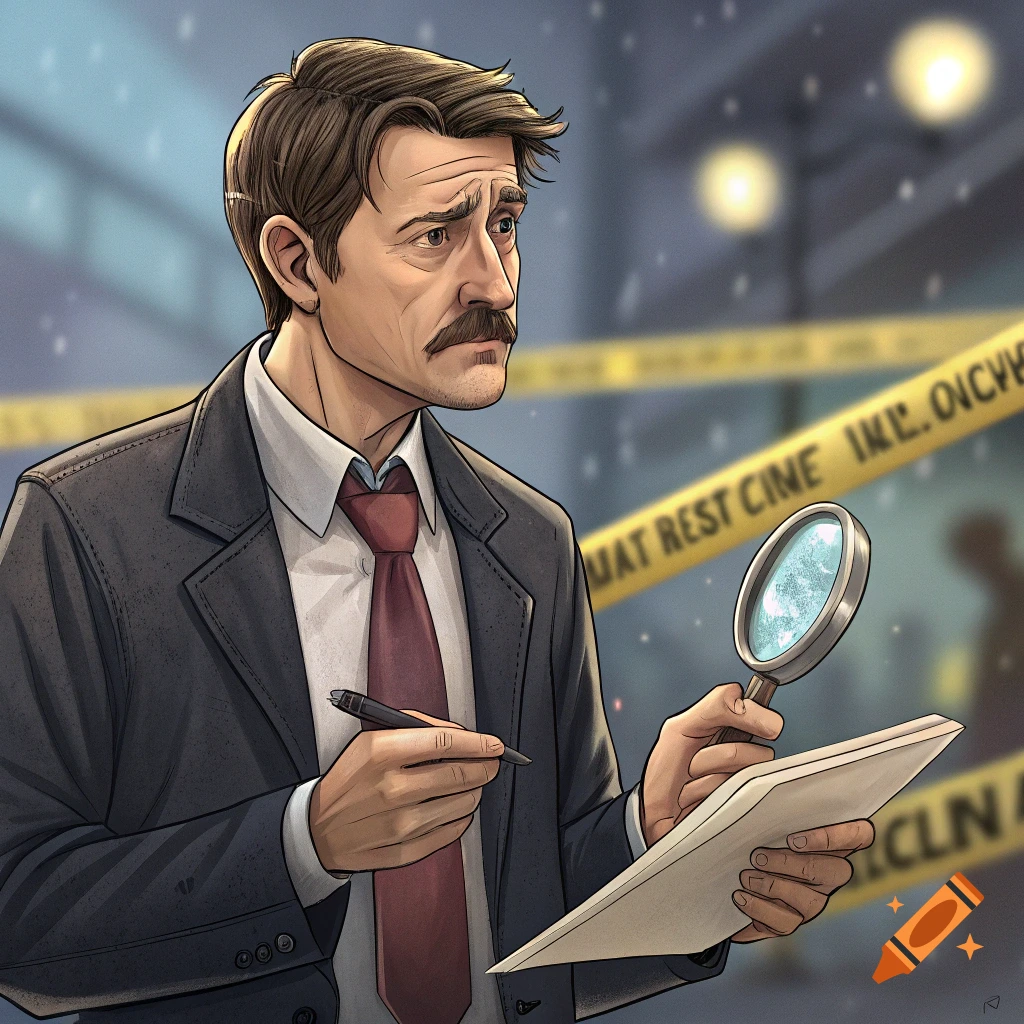 Illustration of a detective holding a magnifying glass and notepad in front of crime scene tape.