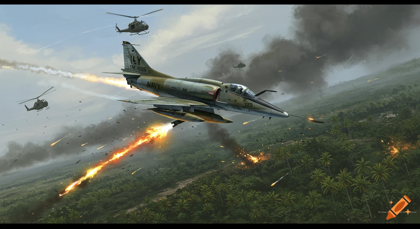 A Douglas A-4C Skyhawk jet fires rockets over a jungle, with Huey helicopters flying nearby, in a photorealistic combat scene.