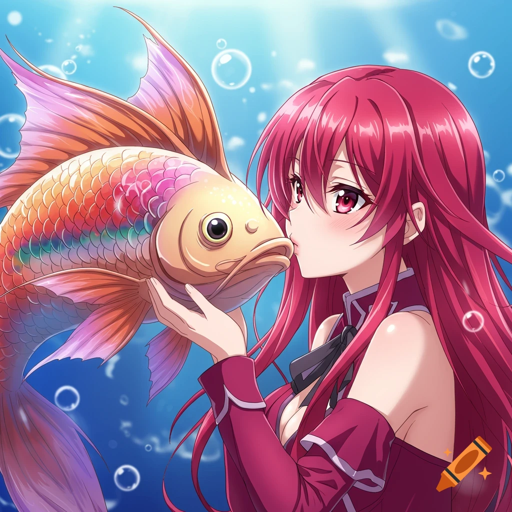 Anime character kissing a colorful fish underwater