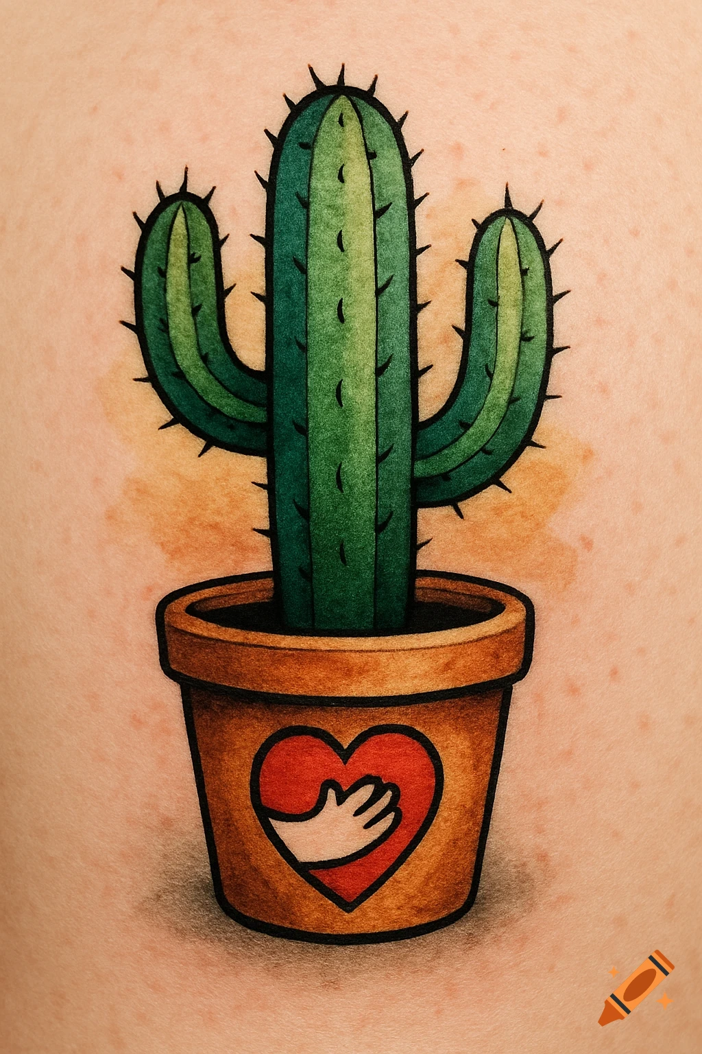Cartoon tattoo of a cactus in a pot with a heart hugging itself.