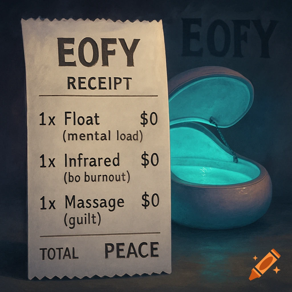 A stylized receipt for EOFY, listing '1x Float ($0 mental load)', '1x Infrared ($0 bo burnout)', '1x Massage ($0 guilt)', and 'TOTAL PEACE'. A glowing teal float tank is in the background.