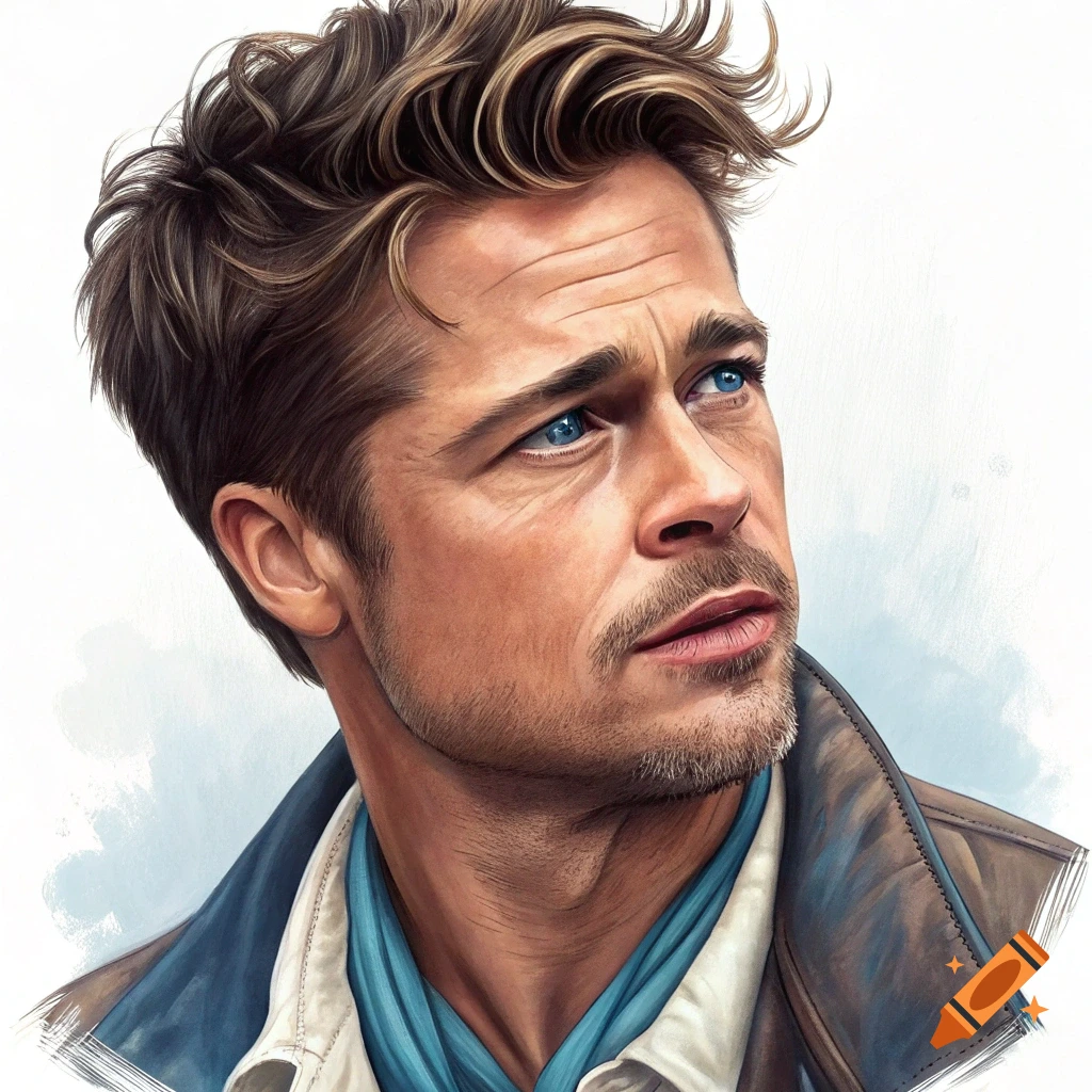 Painted portrait of Brad Pitt looking up, wearing a jacket and blue scarf.