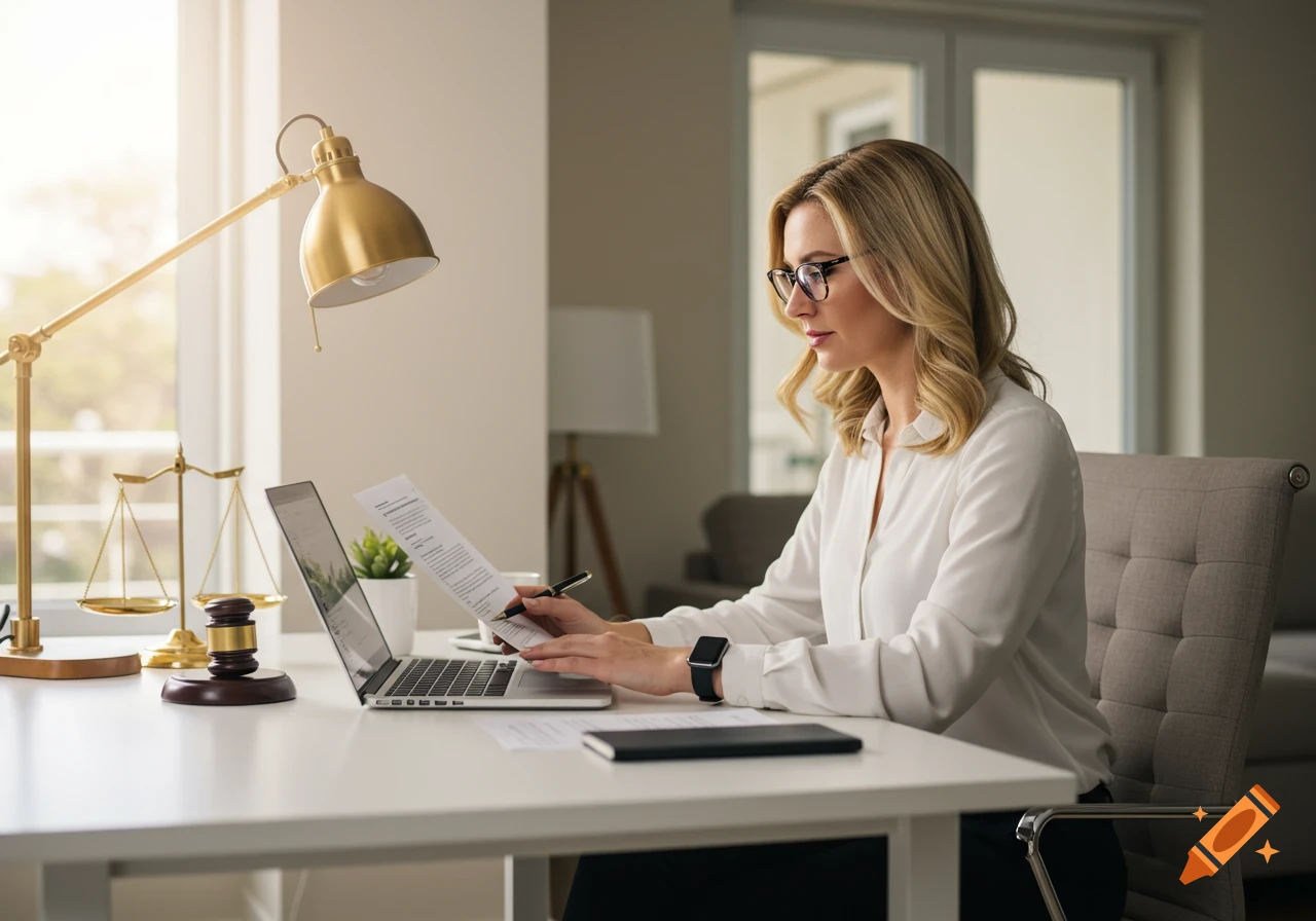 A professional woman with blonde hair and glasses sits at a desk with a laptop, scales of justice, and a gavel, reviewing a document.