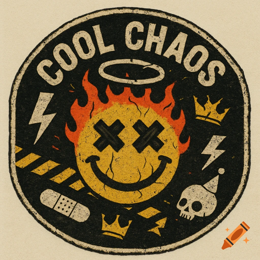 A weathered, distressed patch-style emblem featuring a flaming yellow smiley face with duct tape X's for eyes. Above it are the words "COOL CHAOS" with a cracked halo. Surrounding elements include lightning bolts, crowns, a bandaid, and a skull with a party hat.