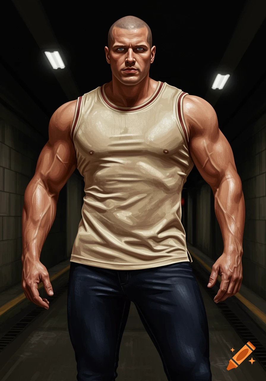 Illustration of a muscular bald man in a tank top standing in a dark tunnel.