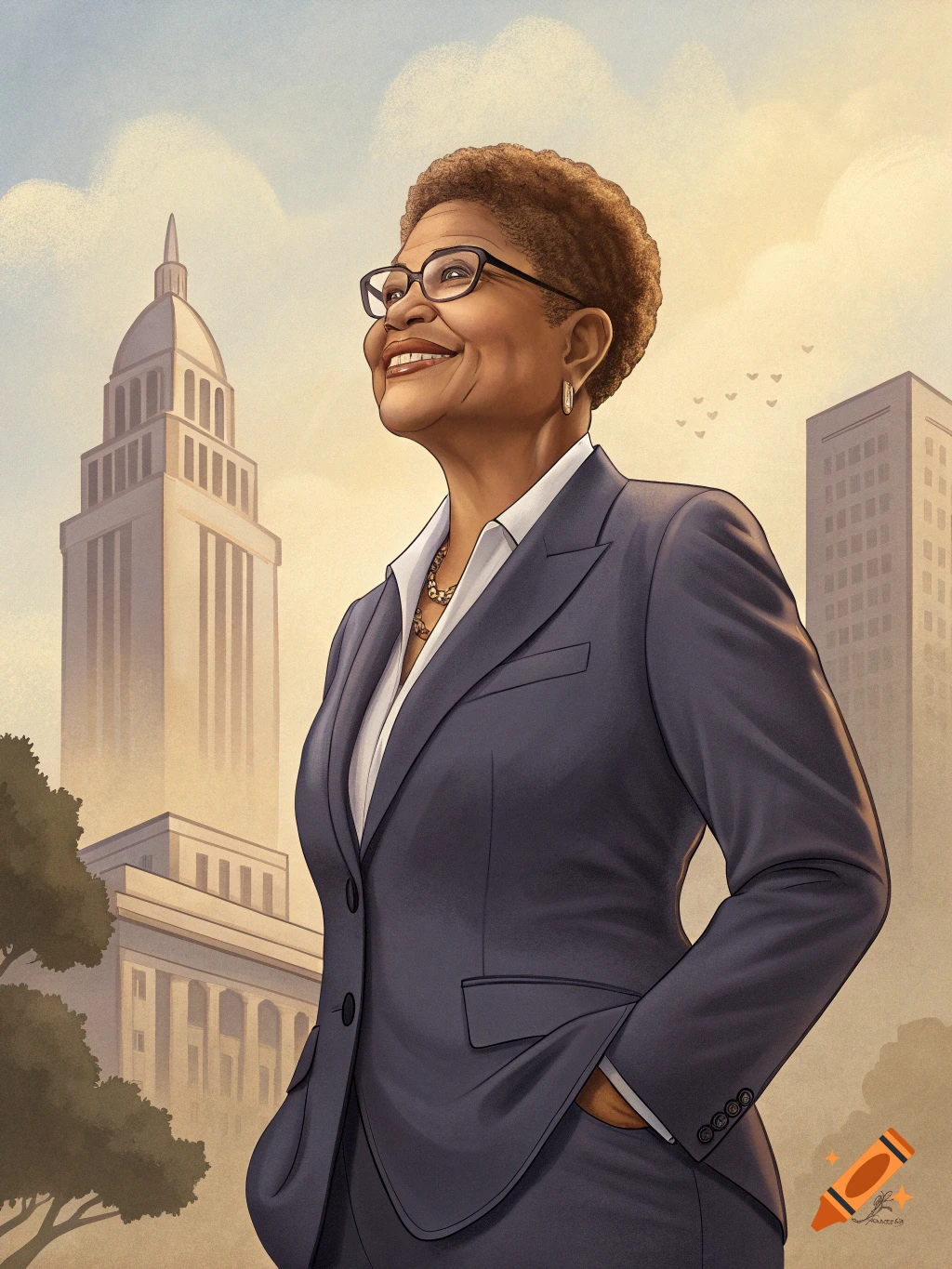 An illustrated portrait of a smiling Black woman in a suit, looking up, with city buildings in the background.