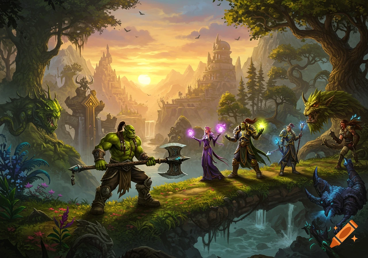 An orc and other fantasy characters, including mages, on a bridge in a magical landscape with waterfalls, mountains, and ancient ruins at sunset. Digital art.